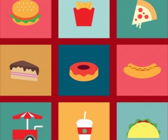 Fast Food Icons Design Elements Various Colorful Symbols