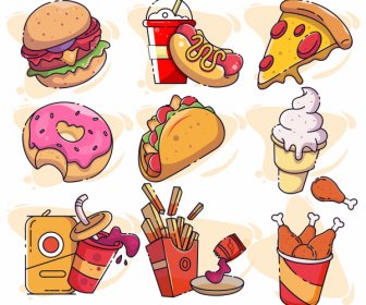 Fast Food Icons Dynamic Colorful Classical Handdrawn Sketch