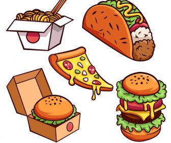 fast food icons handdrawn hamburger pizza noodle sketch