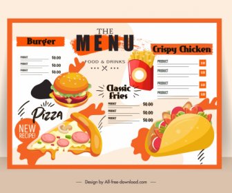 Modelo De Menu Fast Food Brilhante Decoração Clássica Colorida