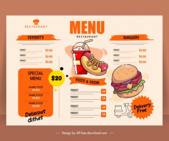Fast Food Menu Template Flat Handdrawn Retro Design