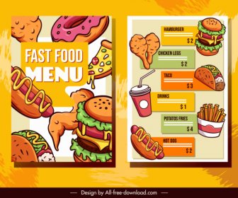 Fast Food Menü şablonları Renkli Klasik Eskiz