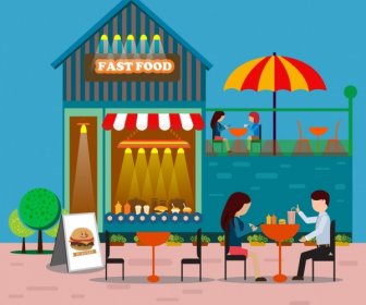 Restaurante De Fast Food, ícones Coloridos Ao Ar Livre De Desenho