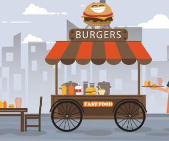 Il Fast Food Vendita Disegno Street Carrello Di Colore Dei Cartoni Animati