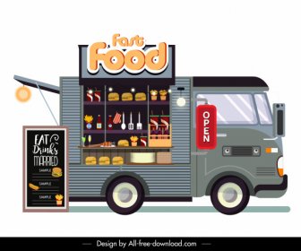 Fast Food Camion Icona Conveniente Negozio Colorato Piatto