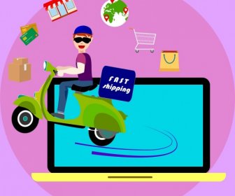 Fast Shipping Banner Boy Riding Motorbike Computer Icon