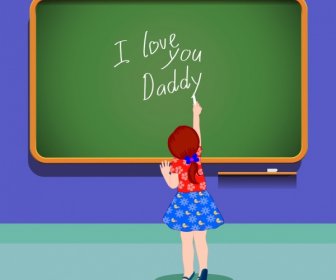 Father Day Background Small Girl Writing On Chalkboard