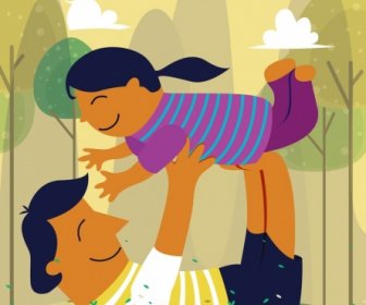 Vaterschaft Zeichnung Verspielte Vater Mädchen Symbole Farbige Cartoon