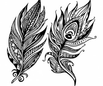 Feather Icons Tribal Decor Black White Classic Handdrawn