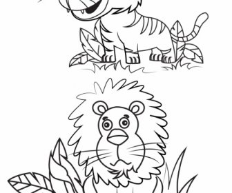 Feline Icons Black White Lion Tiger Handdrawn Sketch