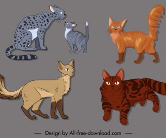 Feline Species Icons Cute Cartoon Sketch