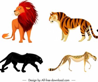 Feline Species Icons Tiger Lion Leopard Panther Sketch