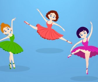 Female Ballerina Icons Colored Cartoon Style Various Gestures