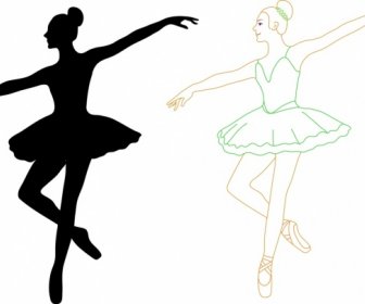 Female Ballet Dancers Outline Silhouette Colored Style Decoration