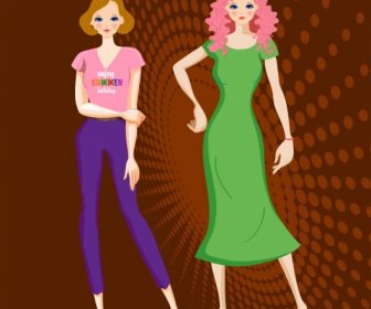 Female Fashion Advertising Lady Icons Colored Cartoon Design