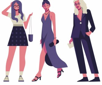 Female Fashion Models Icons Modern Design Cartoon Characters