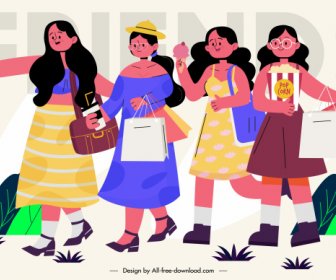 Amigas Mujeres Banner Plantilla De Personajes De Dibujos Animados De Color Sketch