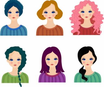 Female Hairstyle Collection Avatar Icons Colored Cartoon Design