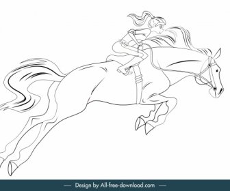 Female Jockey Icon Hitam Putih Digambar Tangan Kartun Sketsa