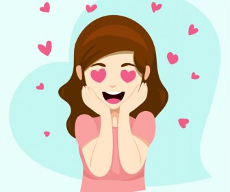Weiblich Verrückt Verliebt Icon Lustige Zeichentrickfigur Skizze Dynamische Herzen Dekor