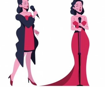 Female Singer Icons Attractive Elegance Cartoon Characters Sketch