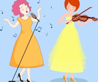 Female Singer Icons Colored Cartoon Character