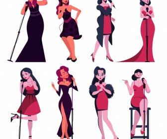 Female Singers Icons Performing Sketch Colored Cartoon Characters