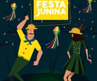 Festival Hintergrund Tanzen Paar Bänder Icons Cartoon Design