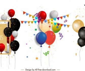 Balões Festivos ícones Brilhantes Fita Colorida Decoração De Confete