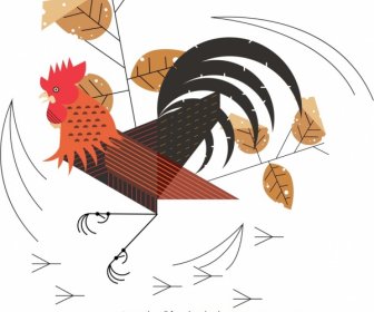 Fighting Chicken Painting Colored Flat Design Leaves Ornament