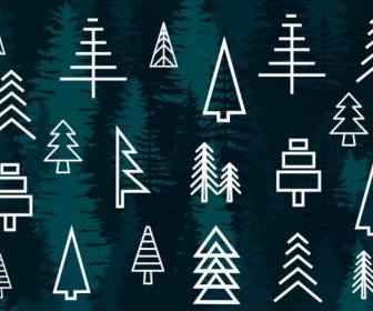 Fir Tree Icons White Lines Sketch Design