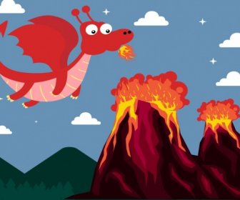 Fire Dragon Drawing Volcano Icons Colored Cartoon Style