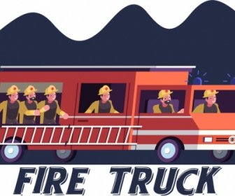 Fire Fighting Banner Truck Firemen Icons Cartoon Characters