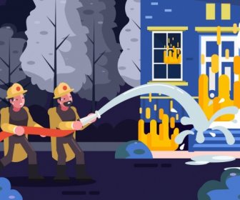Api Pertempuran Lukisan Petugas Pemadam Kebakaran Bangunan Selang Air Ikon