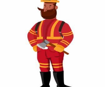 Fireman Icon Standing Gesture Colored Cartoon Sketch