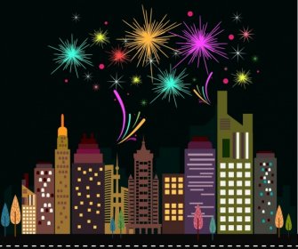 Fireworks And City Theme Design Colorful Flat Style