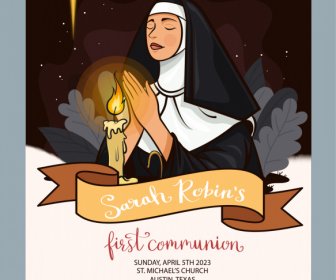 初聖体拝領の招待状キリスト教バナーテンプレートカトリックシスターキャンドルリボンスケッチ漫画デザイン