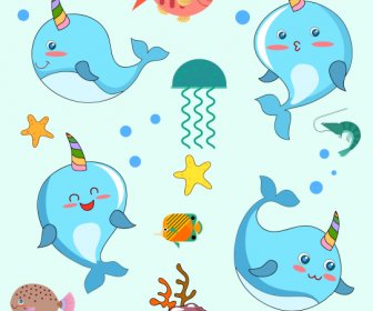 Fish Creatures Icons Cute Cartoon Characters Sketch
