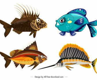 魚圖示五顏六色的現代形狀素描