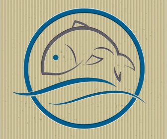 Fish Logotype Blue Classical Swirled Design Handdrawn Sketch