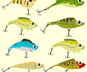 الأسماك فريسة أيقونات متعددة الألوان تصميم ديكور حاد السنانير
