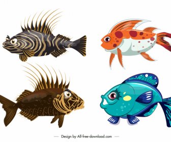 رموز أنواع الأسماك لامعة التصميم الملونة الحديثة