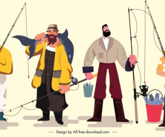 Pescatori Icone Colorate Personaggi Dei Cartoni Animati Schizzo
