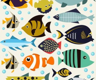 Fishes Background Multicolored Cartoon Icons