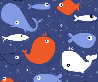 Fishes Background Multicolored Flat Icons Sketch