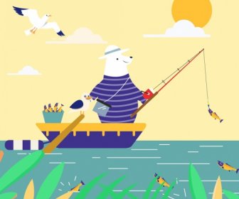 釣魚背景風格的熊船圖示卡通設計