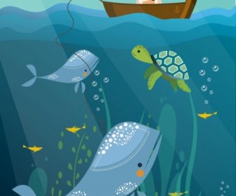 釣魚猫鯨龜圖標風格的卡通畫