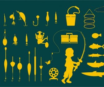 Fishing Icons Vector Illustration In Bright Silhouettes Style