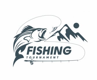 Template Logo Memancing Sketsa Gunung Ikan Klasik Dinamis