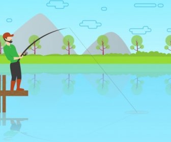Рыбная ловля человек тема цветной мультфильм стиль дизайна